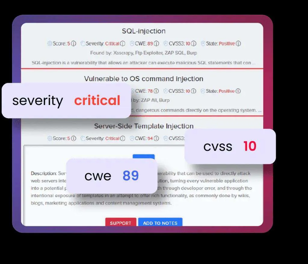 A finding with score, severity, CWE, CVSS3 and state, with description and remediation