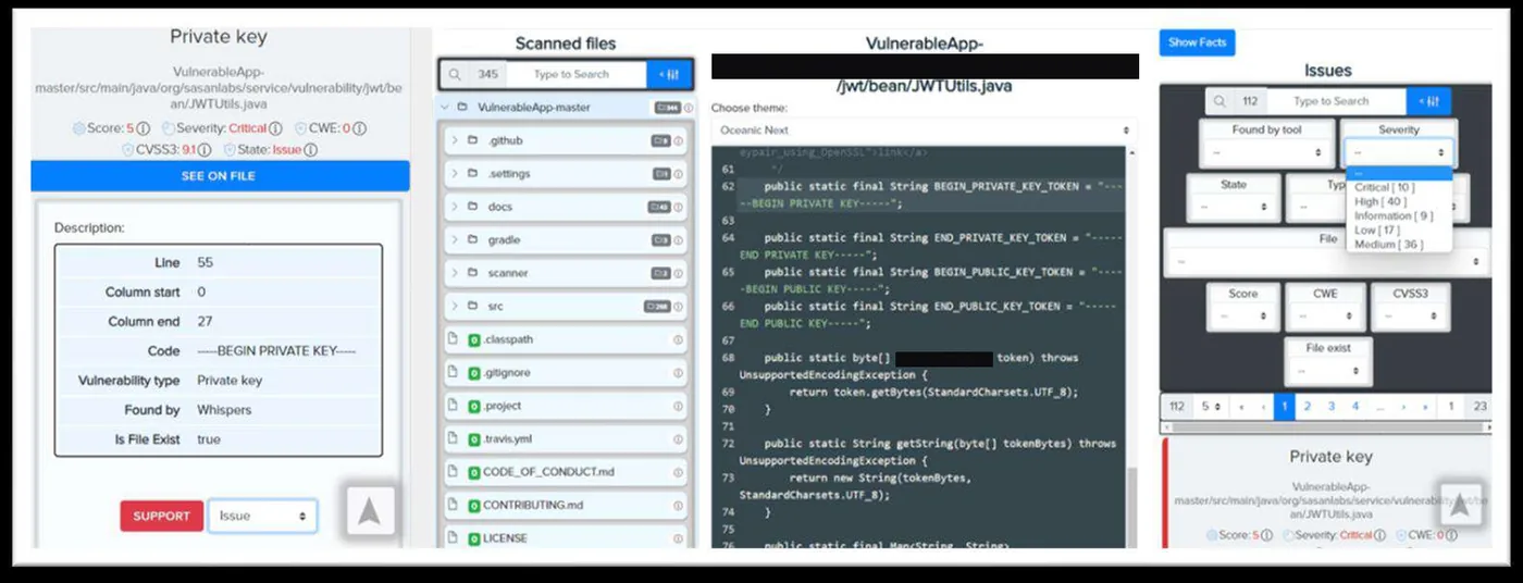 Source code scan: findings panel, repository file tree and annotated source