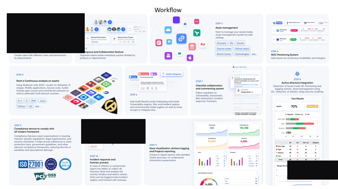 Platform workflow: eleven steps from team management through to issue visualisation and reporting
